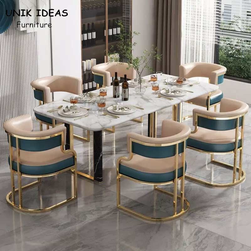 Luxury Style Metal Leather Dining Table And Chairs Iron Gilded Legs Leather Seat OEM