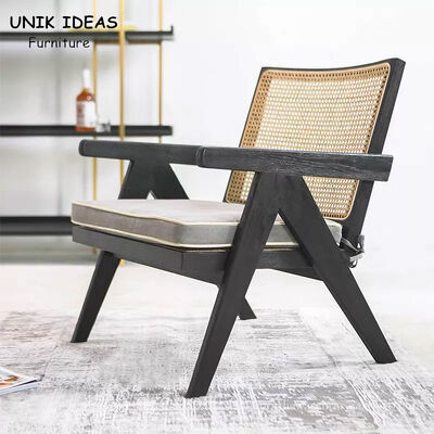 Dobra cena. Black Solid Wood Rattan Back Armchair Living Room Balcony Lounge Chair w Internecie