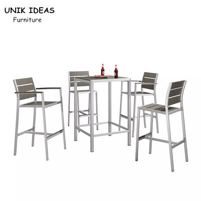 Dobra cena. 7 Piece Bistro Bar Table And Stools Aluminum Frame Wood Surface UV Resistant w Internecie