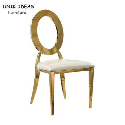 Dobra cena. Stainless Steel Gold Round Back Wedding Dining Chairs With White Leather Cushion w Internecie