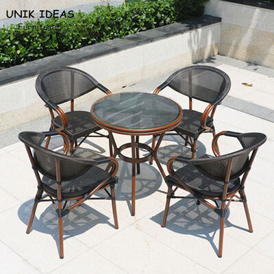 Dobra cena. Woven Black Stackable Outdoor Dining Chairs Mesh Frame Aluminum Restaurant 83cm w Internecie