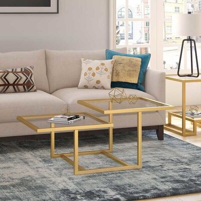 Dobra cena Geometric Tempered Glass Coffee Tables Gold Stainless Steel Frame For Home Hotel w Internecie