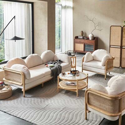 Dobra cena. Wood Rattan Living Room Simple Sofa Country Style Sponge Upholstery Teddy Fabric w Internecie